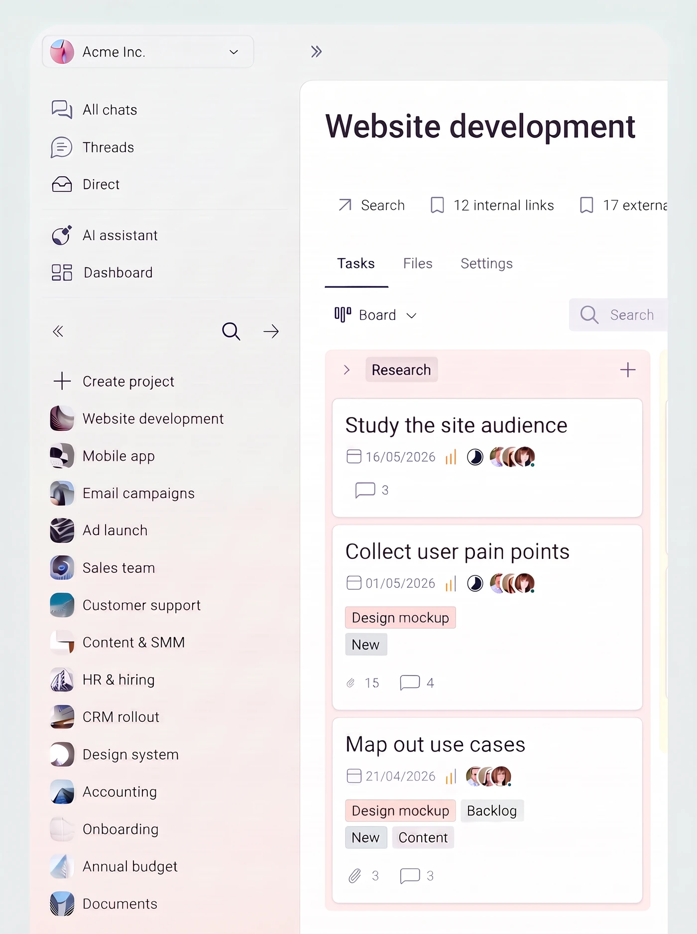 With Enqo: one workspace with all project chats and a task board