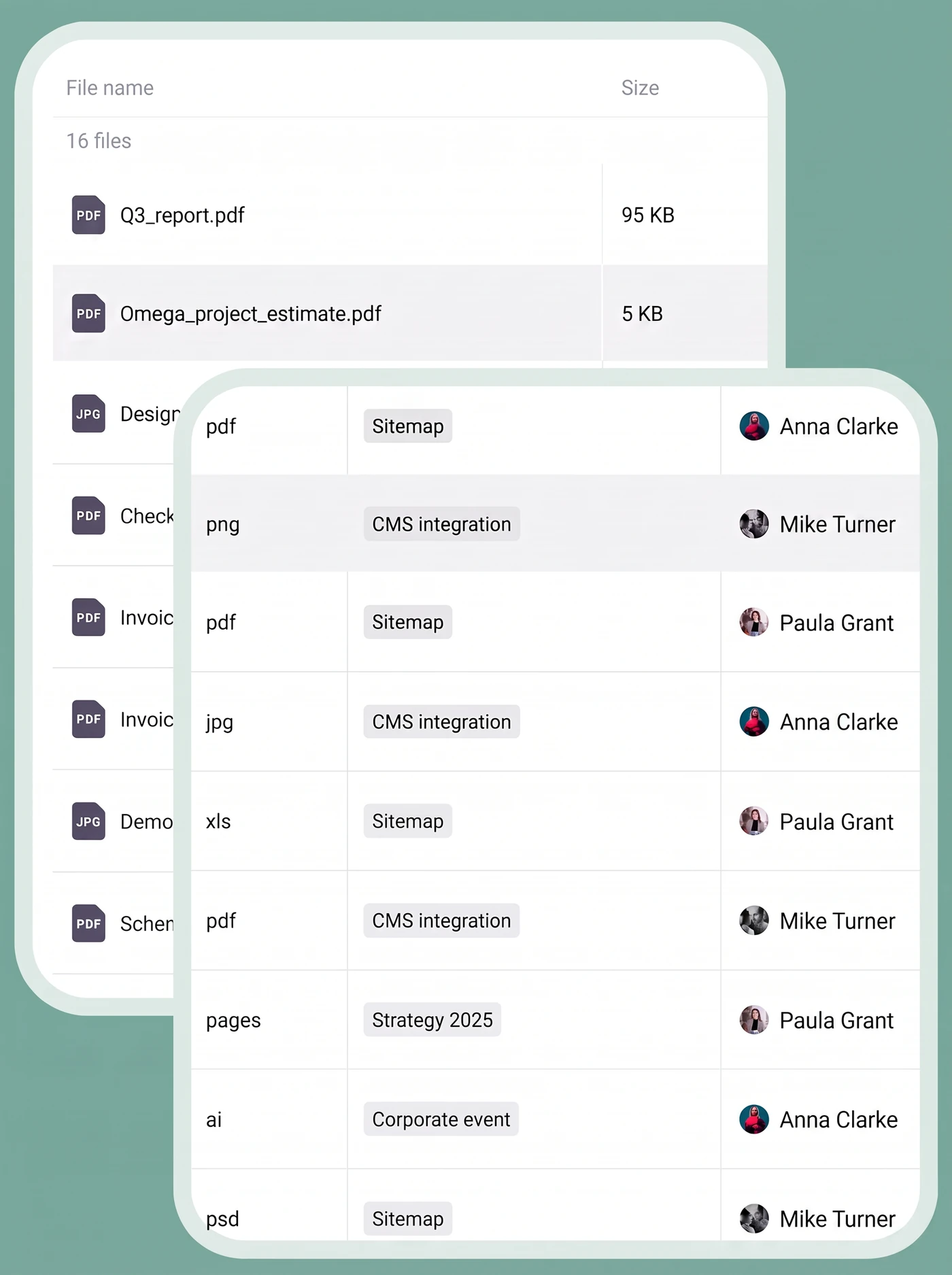 Enqo project file storage table with file types, tags and owners