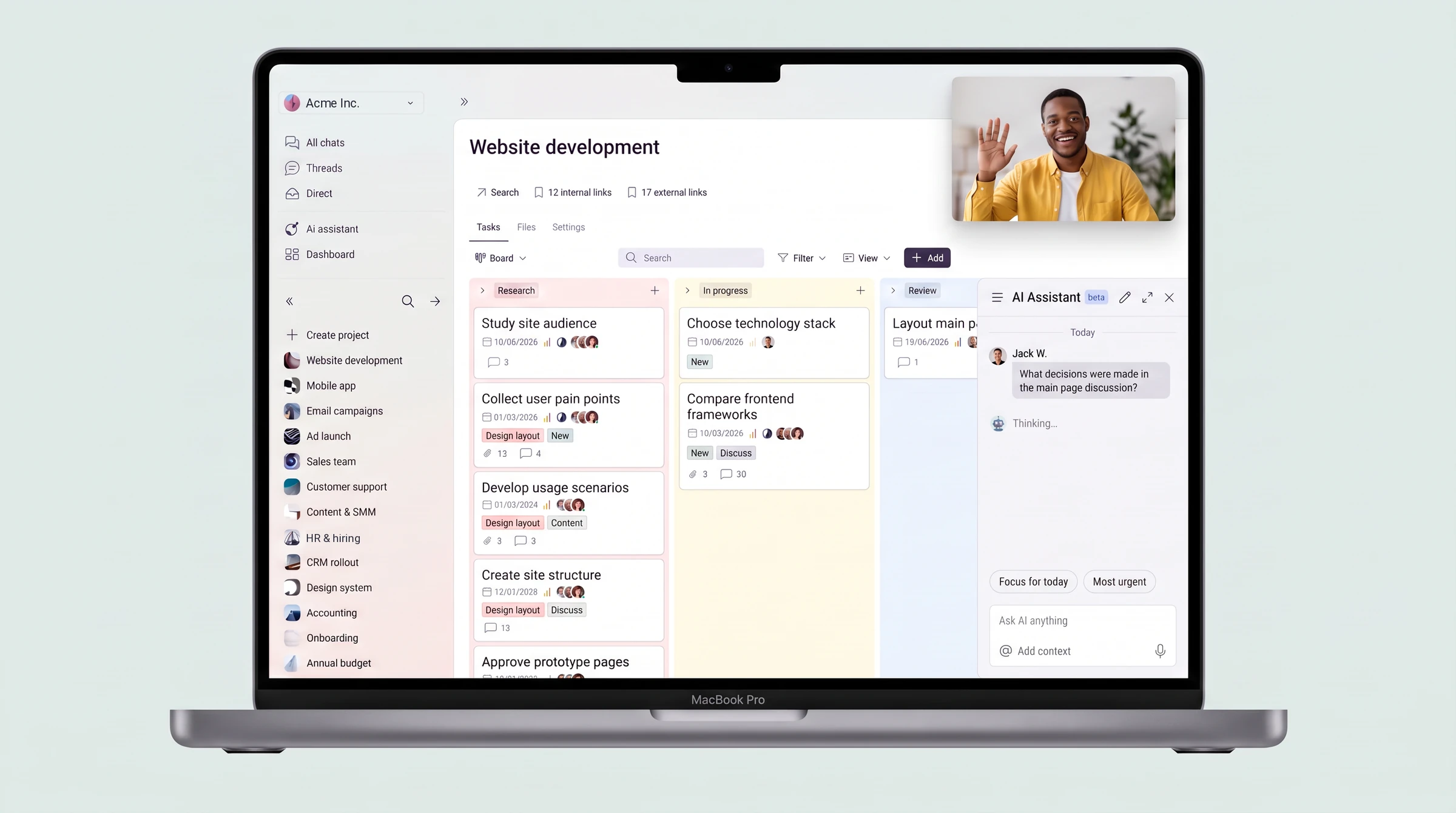 Enqo desktop app on a laptop: Website development project board, AI assistant panel and a video call
