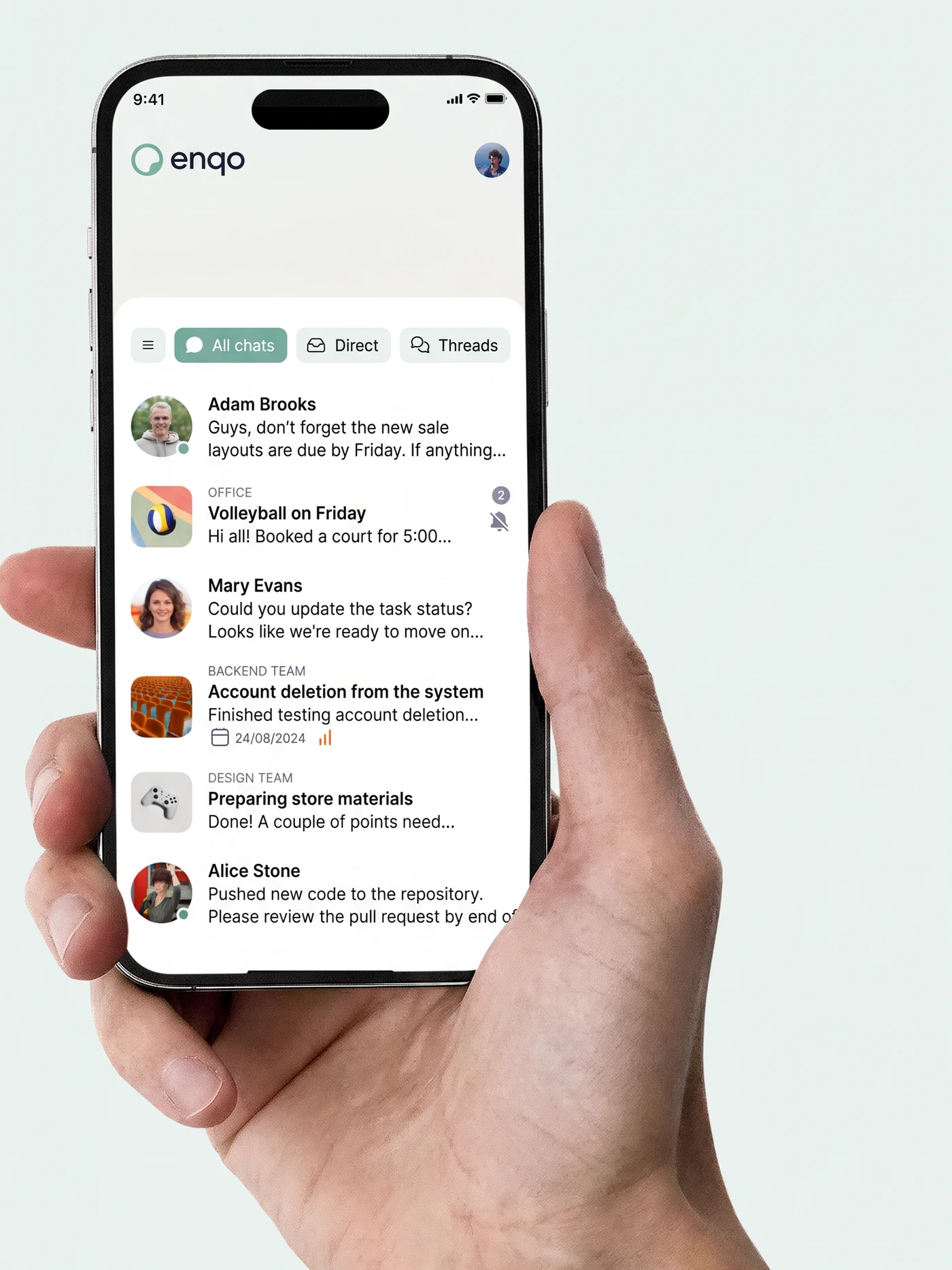 Enqo mobile app in hand: chat feed with tasks