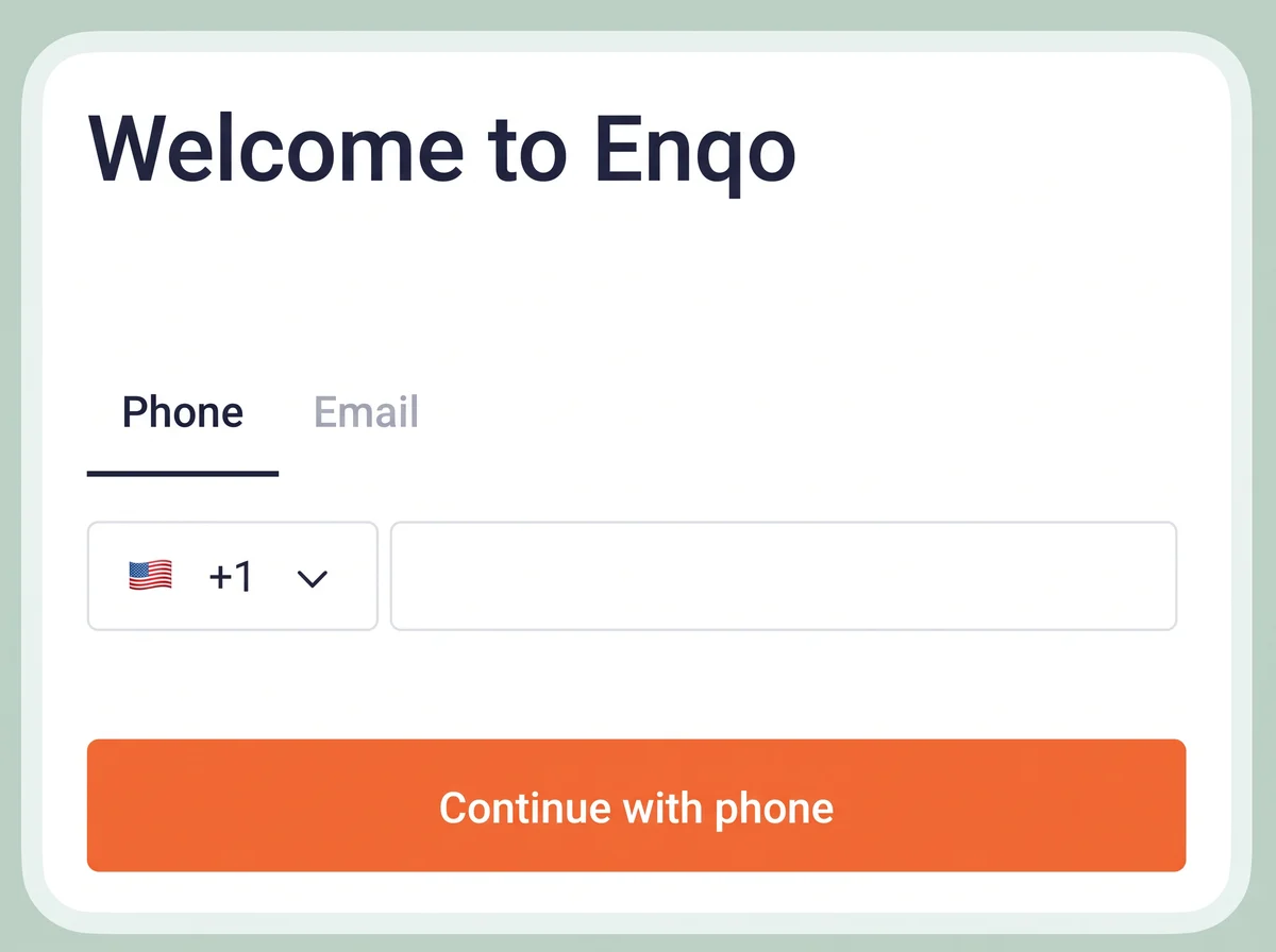 Enqo sign-up screen: Welcome to Enqo, continue with phone or email