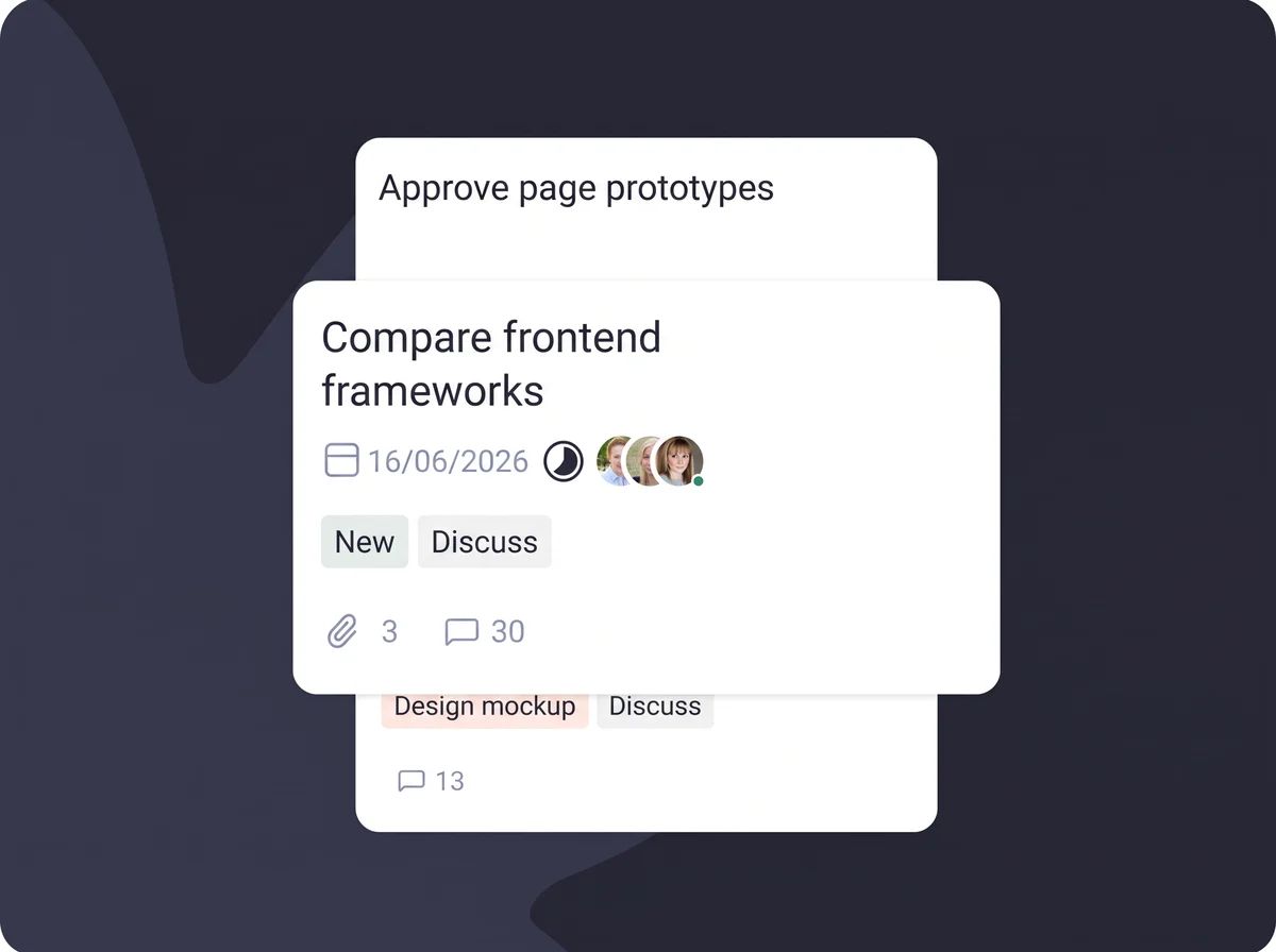 Enqo task cards with due date, assignees, tags and comments